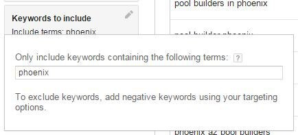 Keyword Planner Keywords to include filter set to phoenix