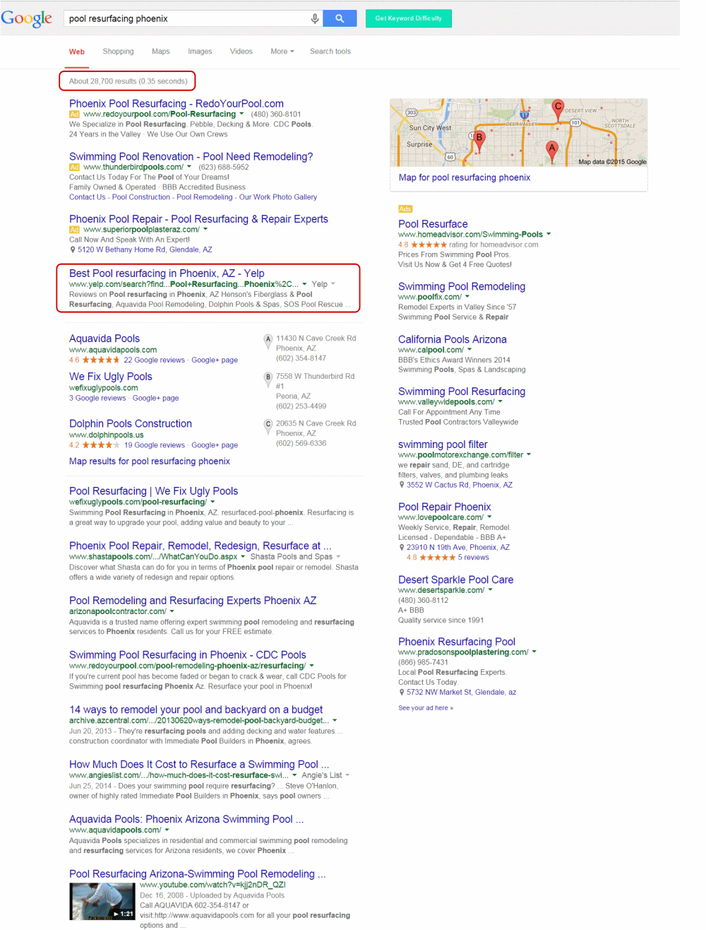 Google search results page for pool resurfacing phoenix showing 28,700 results and a Yelp listing ranked first